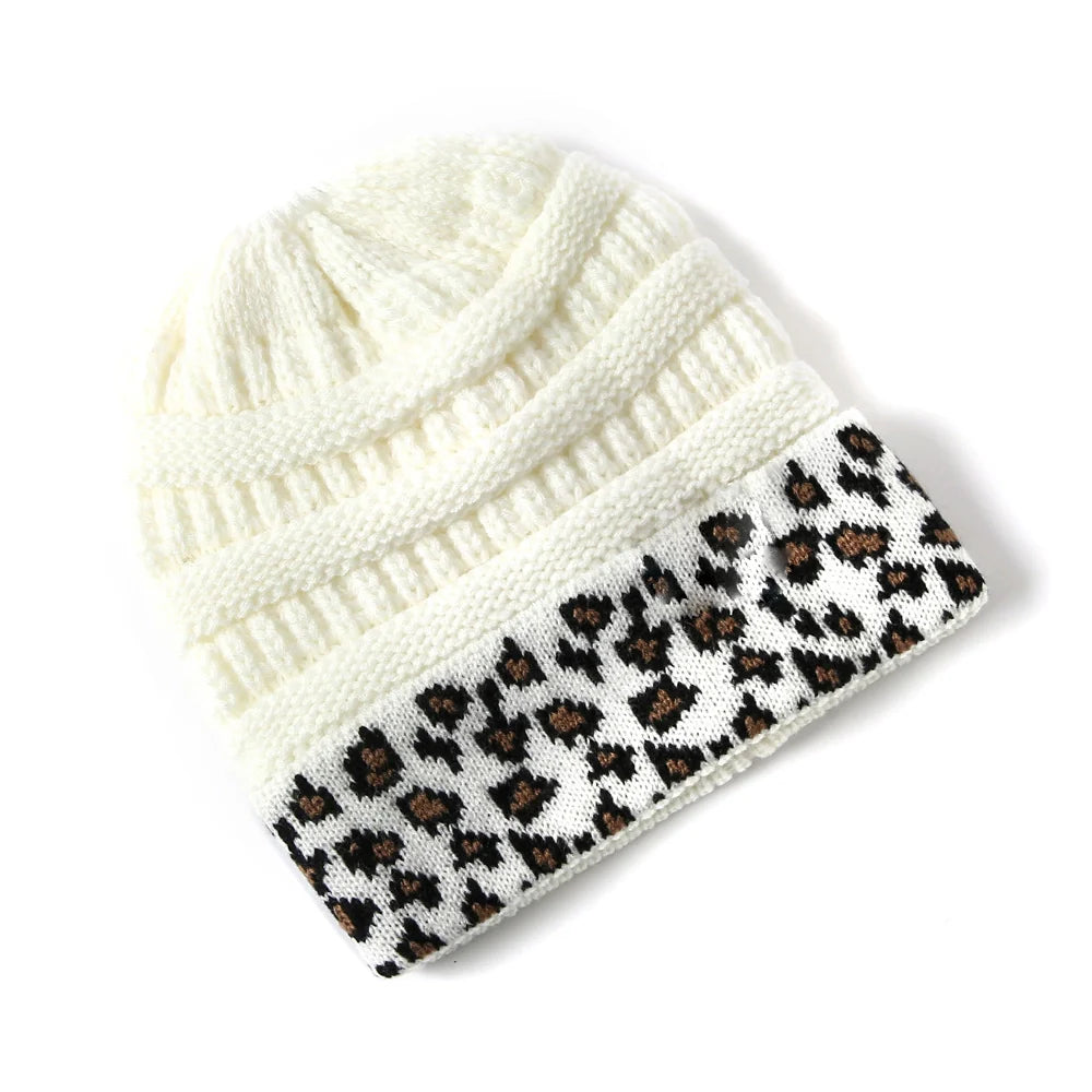 Women's Warm Leopard Pattern Flanging Knitted Hat
