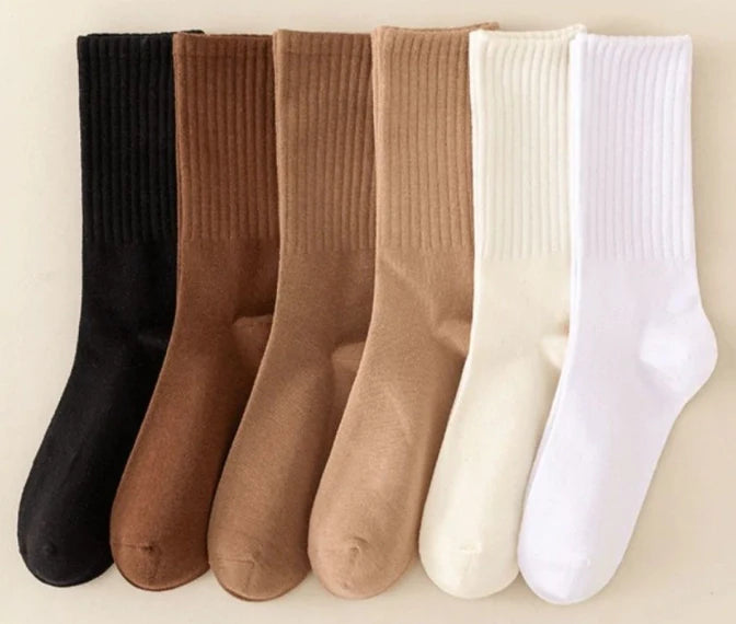 ROYALUCK 6 Pairs Women's Autumn and Winter Striped Solid Color Mid-calf Socks