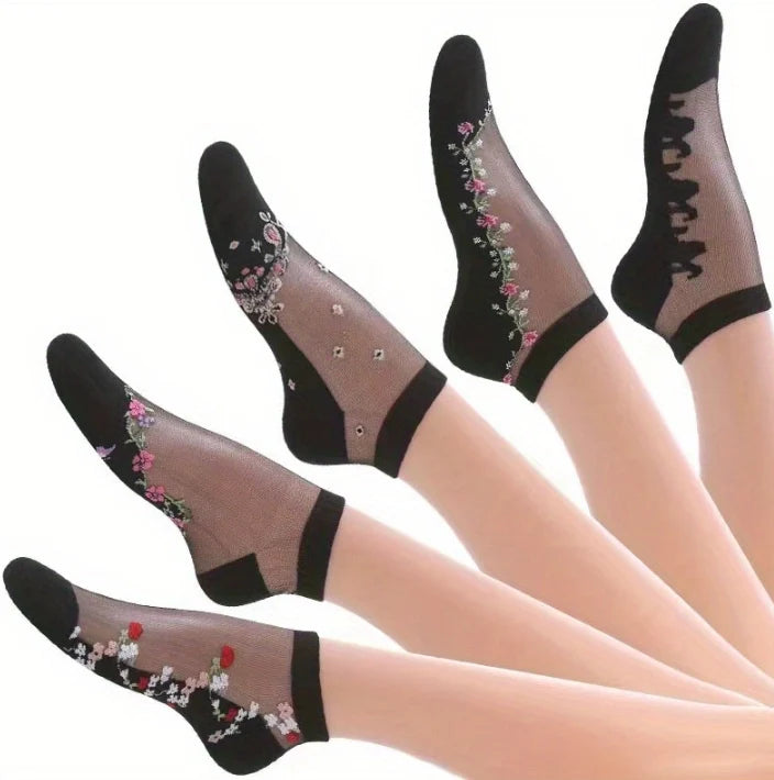 ROYALUCK 5 Pairs Embroidered Breathable Floral Mesh Casual Women’s Ankle Socks