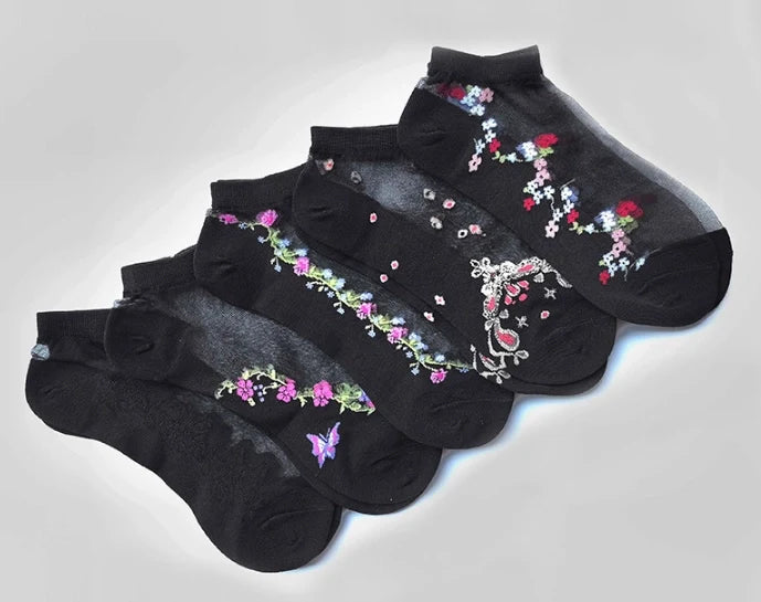 ROYALUCK 5 Pairs Embroidered Breathable Floral Mesh Casual Women’s Ankle Socks