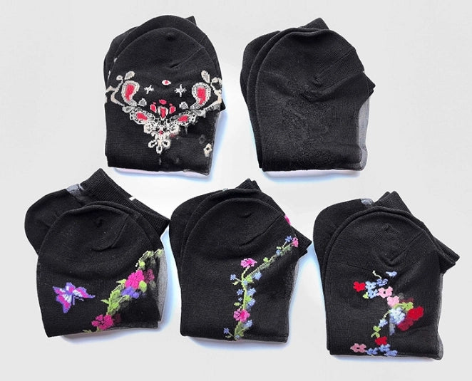 ROYALUCK 5 Pairs Embroidered Breathable Floral Mesh Casual Women’s Ankle Socks