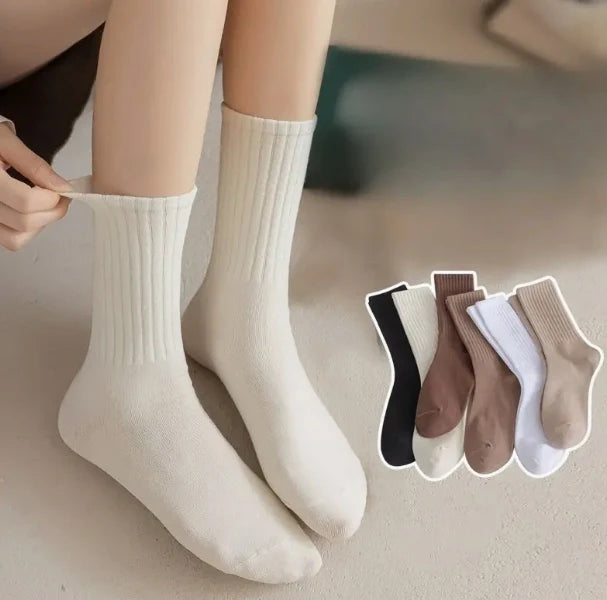 ROYALUCK 6 Pairs Women's Autumn and Winter Striped Solid Color Mid-calf Socks