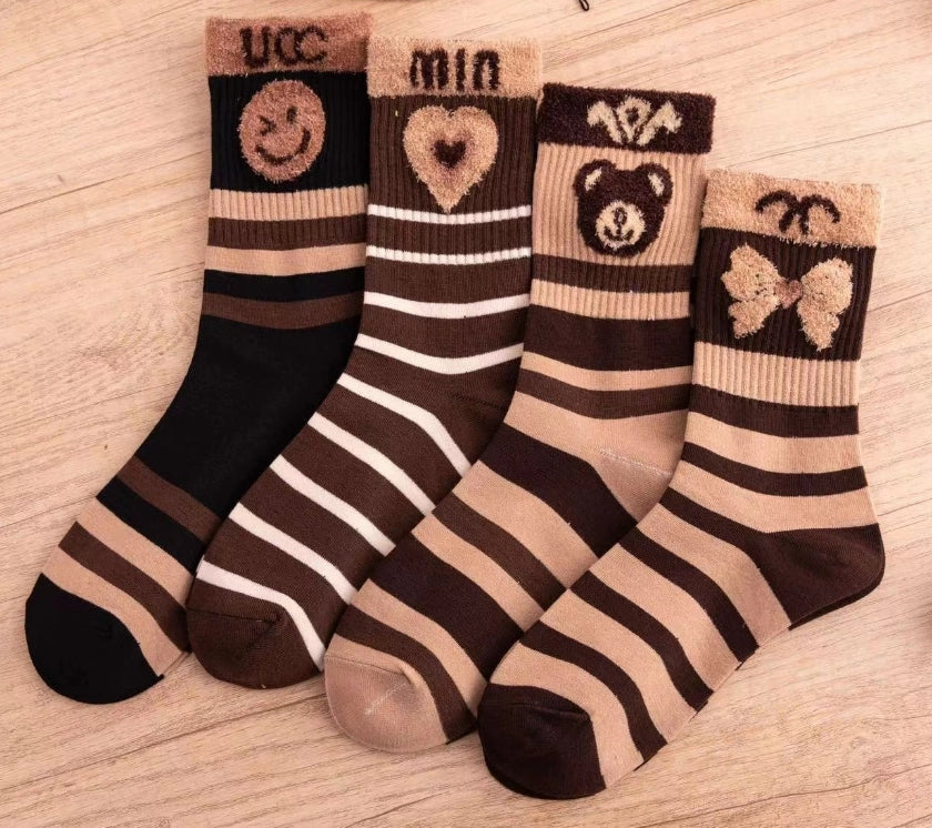 ROYALUCK 4 Pairs Thickened Long Tube Cute Cotton Socks for Fall and Winter