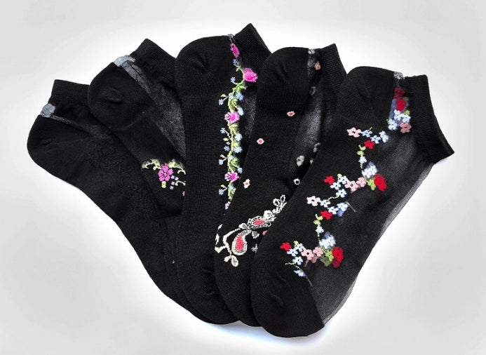 ROYALUCK 5 Pairs Embroidered Breathable Floral Mesh Casual Women’s Ankle Socks