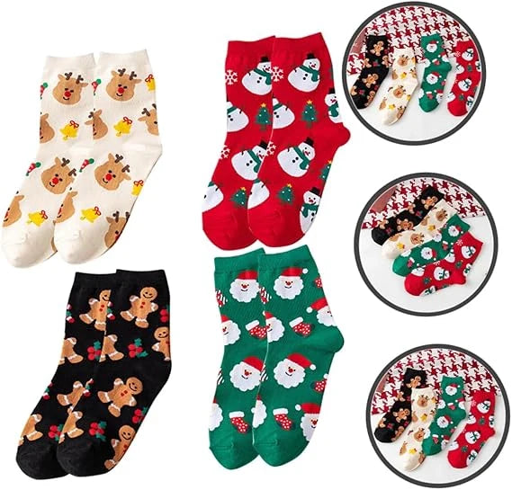 ROYALUCK 5 Pairs Christmas Socks Santa Claus Elk Snowman Gingerbread Man Cartoon Middle Tube Socks