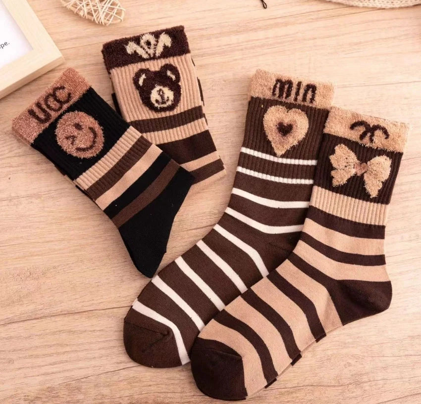 ROYALUCK 4 Pairs Thickened Long Tube Cute Cotton Socks for Fall and Winter