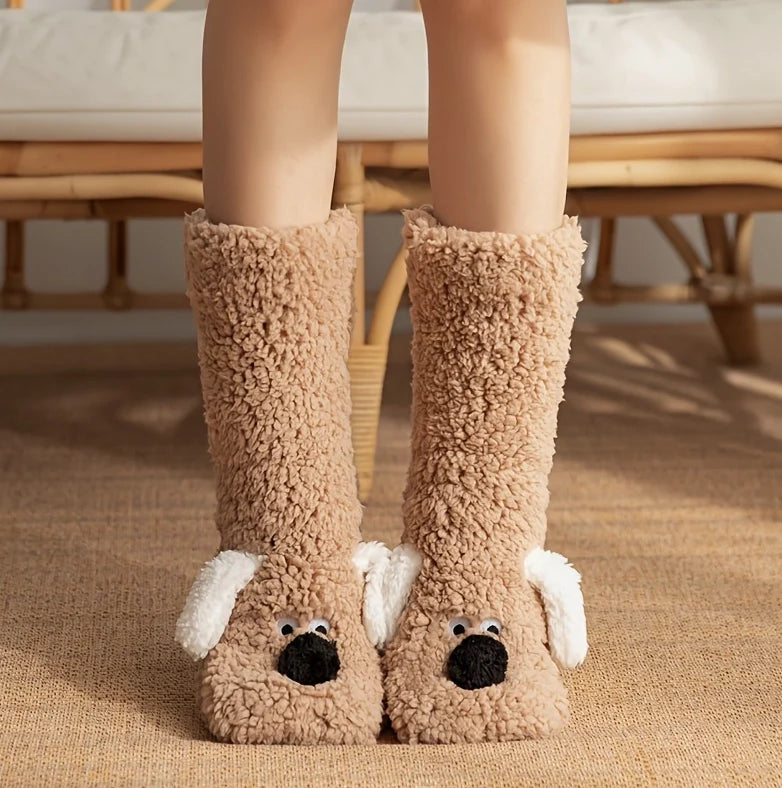 Cute Cartoon Dog Floor Socks Funny Socks Winter Warm Non-slip Plush Socks For Women