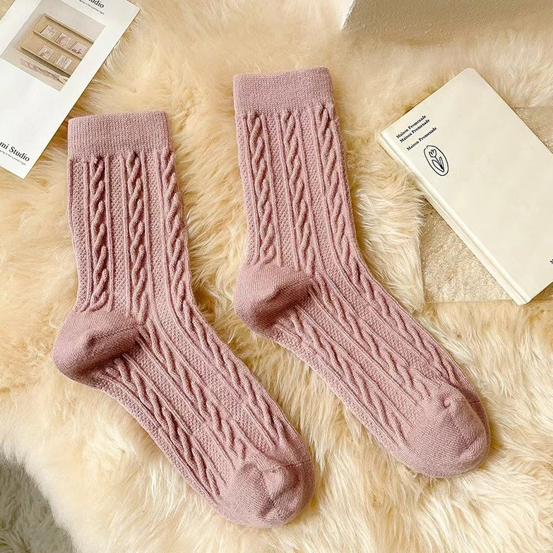 ROYALUCK 6 Pairs Winter Cotton Socks Solid Color Mid-Calf Socks
