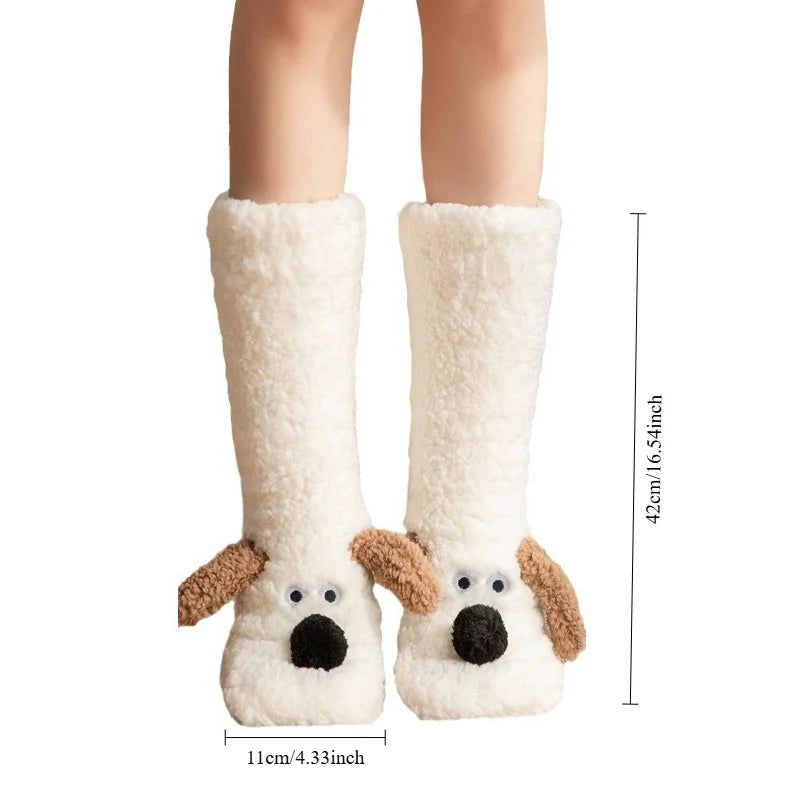 Cute Cartoon Dog Floor Socks Funny Socks Winter Warm Non-slip Plush Socks For Women