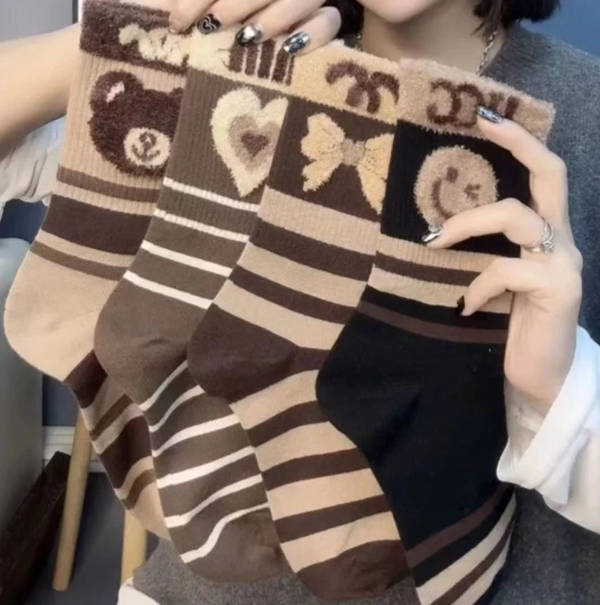 ROYALUCK 4 Pairs Thickened Long Tube Cute Cotton Socks for Fall and Winter