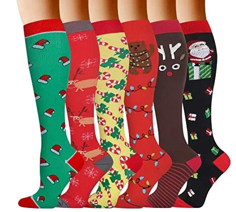 ROYALUCK Christmas Socks Colorful Patterned Winter Compression Socks (6 Pairs) for Women & Men(15-20mmHg)