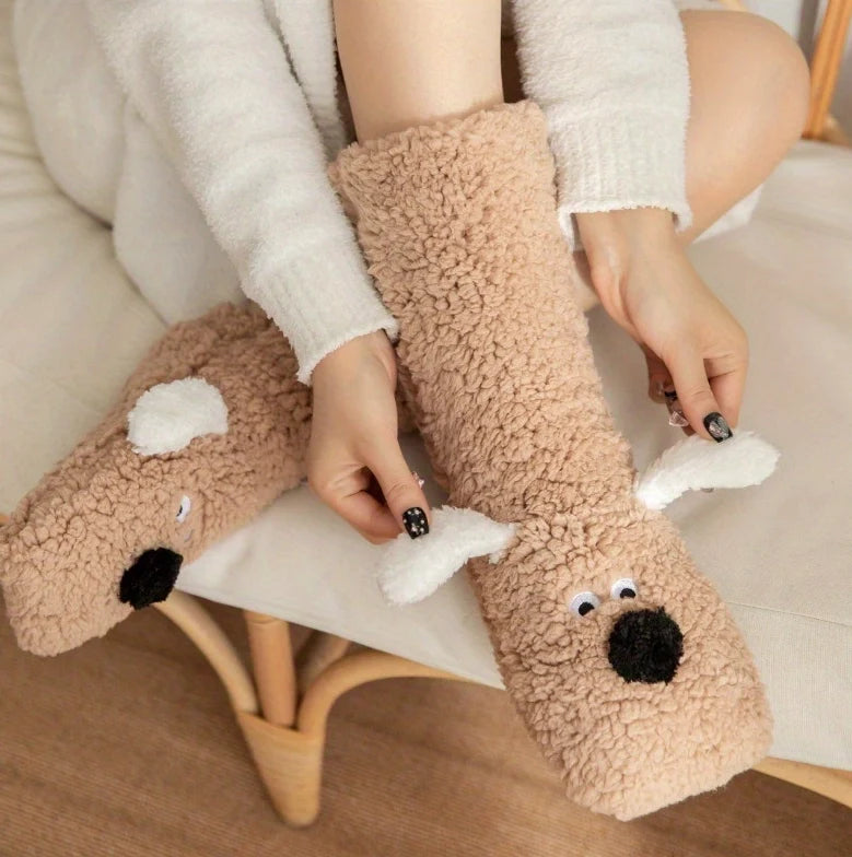 Cute Cartoon Dog Floor Socks Funny Socks Winter Warm Non-slip Plush Socks For Women