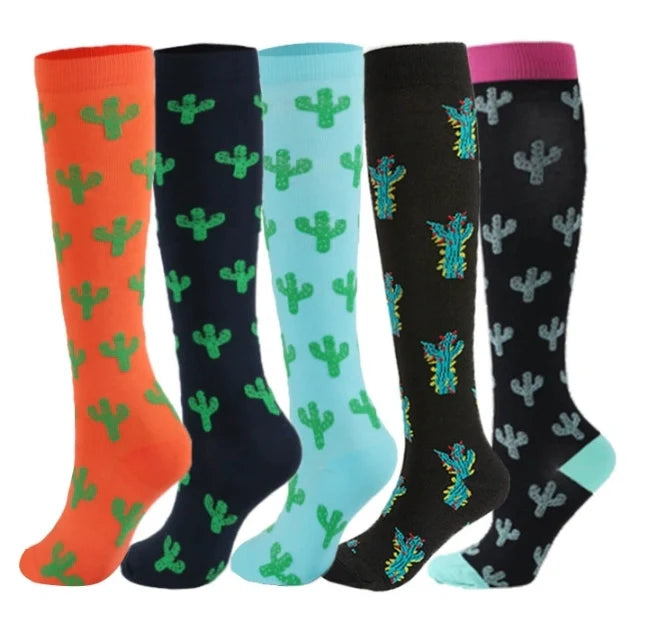 ROYALUCK 5 Pairs Cactus Compression Socks for Men&Women Knee High Stockings for Running Nurses Work Support