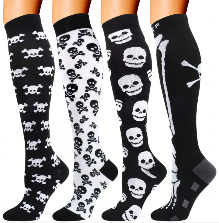 4 Pairs Halloween Skull Compression Socks Support 20-30mmHg-For Men and Women-Workout And Recovery